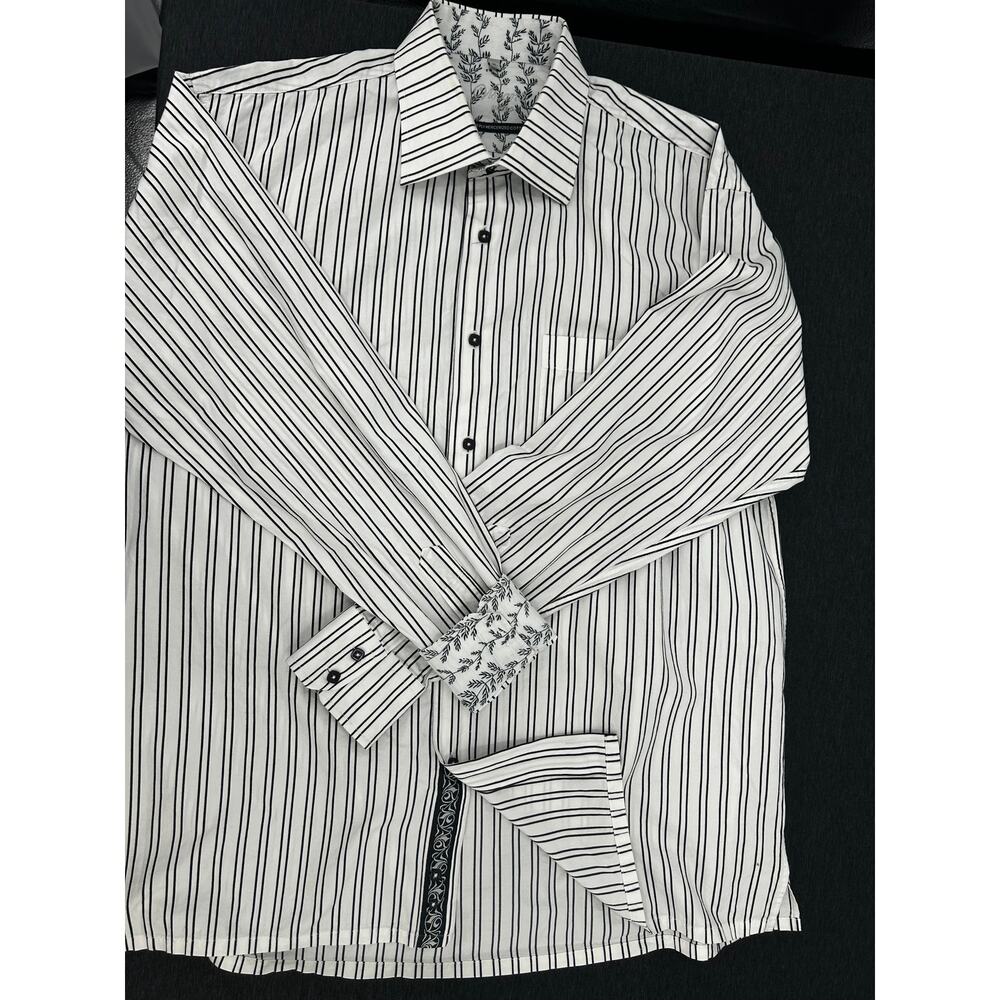 Robert Graham Viseranti White Black Stripe Botanical Contrast Cuff Shirt XL